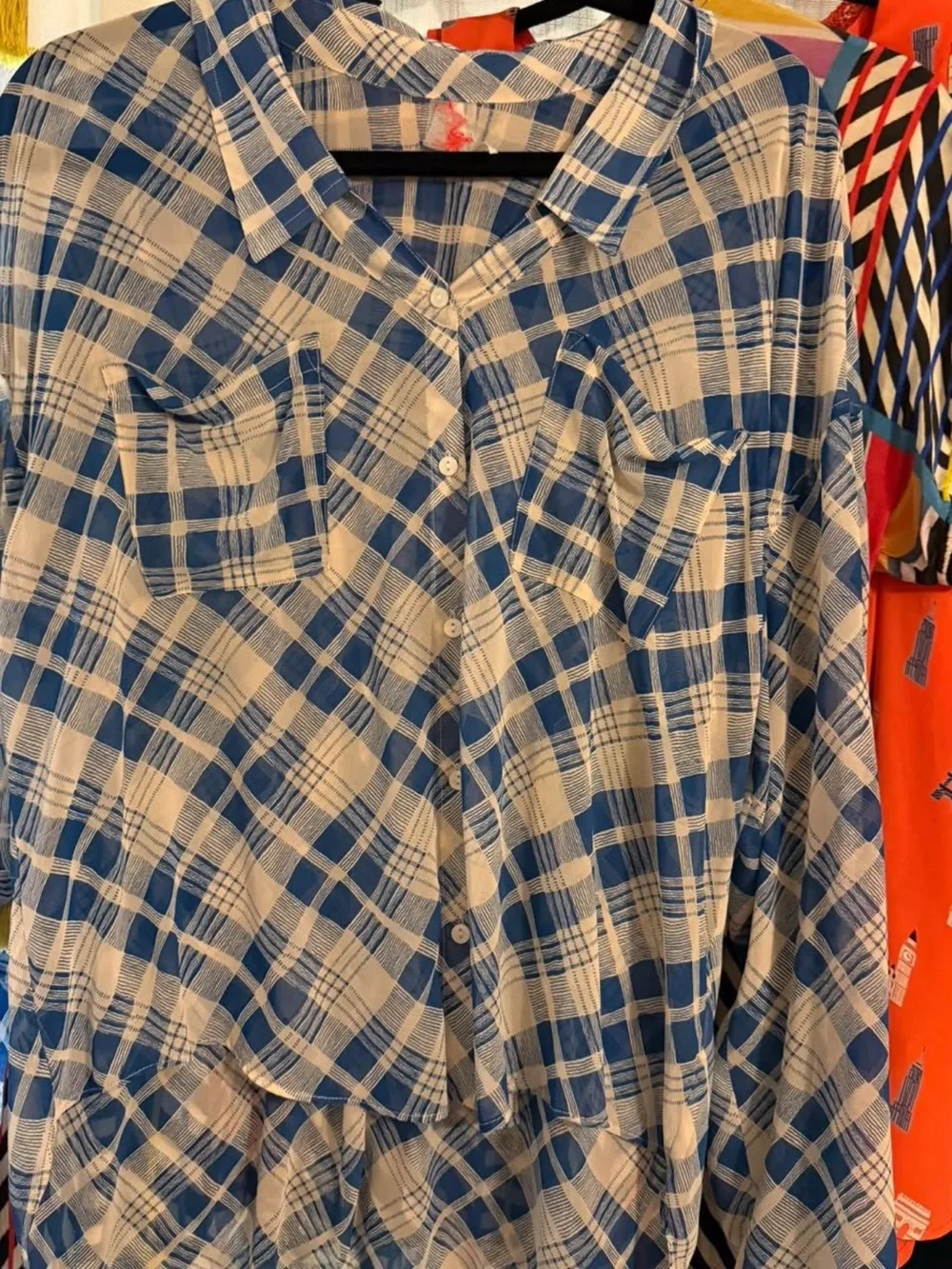 Free People Blue and White Plaid Button-Down Shirt